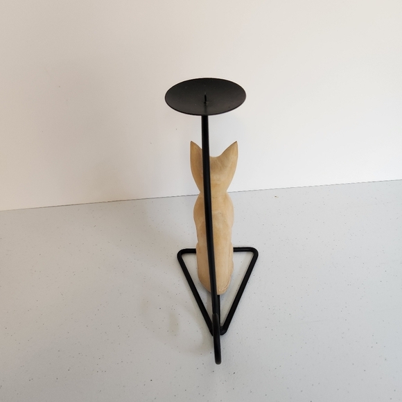 Rustic Wood Carved Wooden Cat Candle Holder Metal Stand Cats Eclectic Decor - Picture 5 of 7